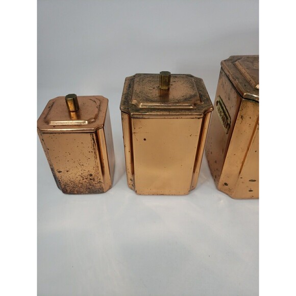 Copper Canister Set Square Vintage Made in Korea Lids Tea Sugar Flour Coffee - Picture 9 of 16